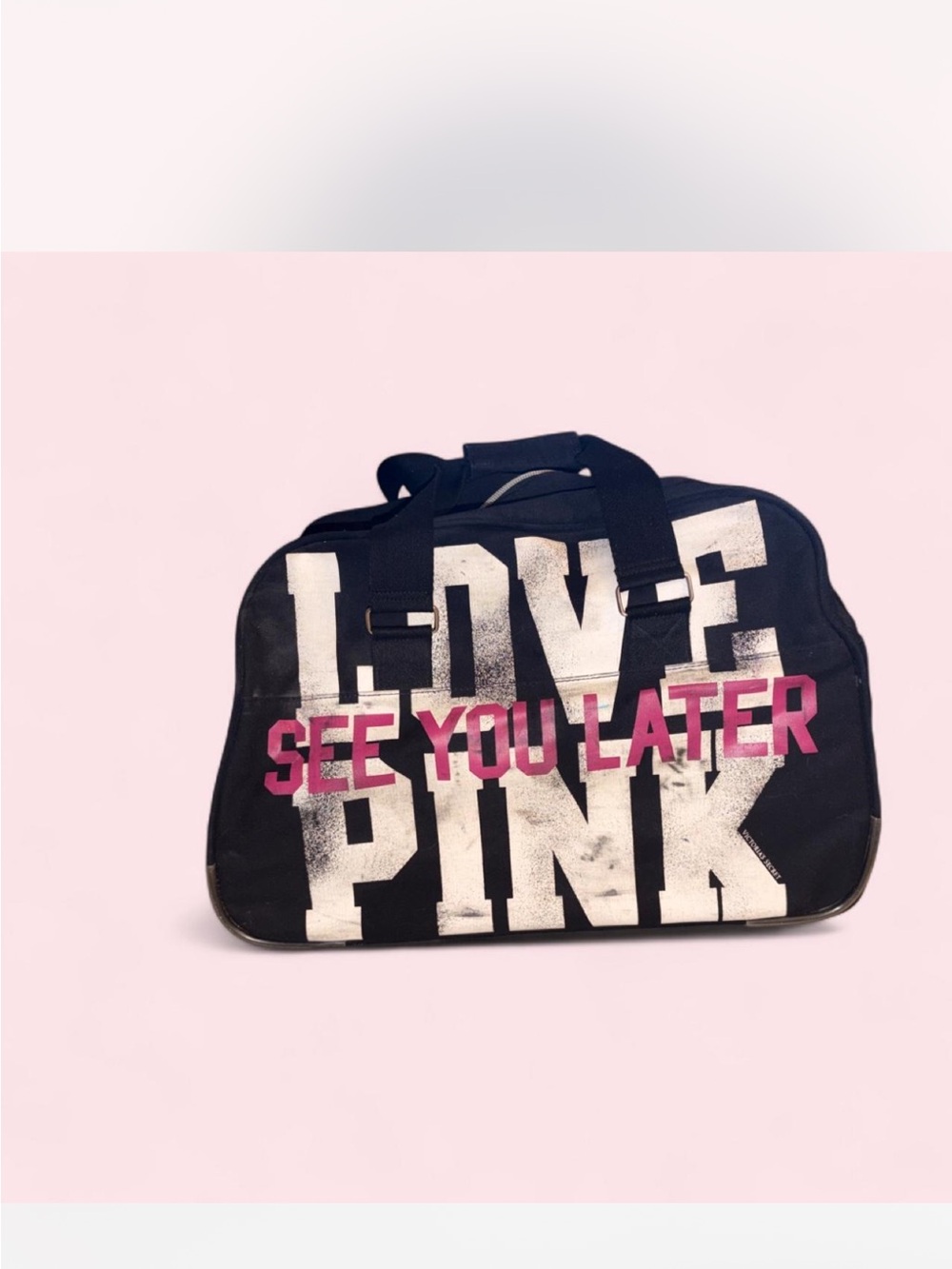 PINK Victoria's Secret Black Rolling Duffel with White Logo and Pink Text